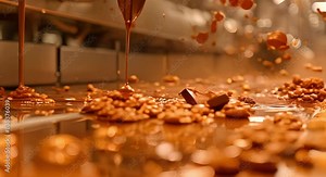 Behind the Scenes: A Cinematic Look at a Chocolate Factory Crafting Delicious Treats. Concept Chocolate Making Process, Factory Tour, Delectable Creations, Sweet Indulgences, Tempering Techniques