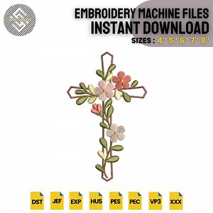 Floral Cross Embroidery Design | Religious Easter Decor (digital Download) - Etsy