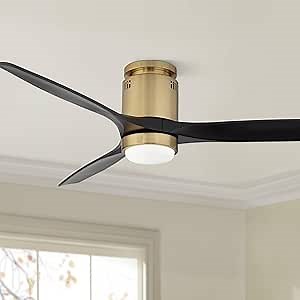 Casa Vieja 52" Windspun Modern Indoor Ceiling Fan 3 Blade LED Light Remote Control Soft Brass Finish Motor Matte Black Finish Wood Blades Bedroom Living Room Office Hugger DC Motor Flush Mount