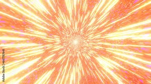 Seamless looping animation of flying through in to the sci-fi warp space scene, as 3d modeling warm hole with many shiny neon orange and yellow radial energy lines.