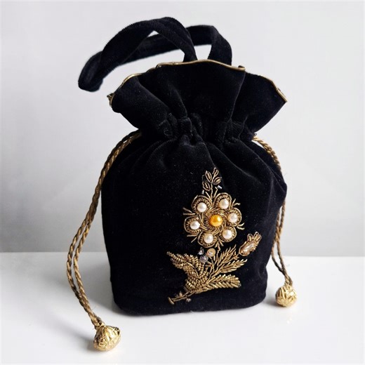 Vintage Black Velvet Drawstring Potli Clutch Bag With Gold Zardozi Embroidery. - Etsy