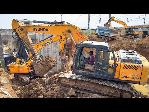 JCB JS215 vs Hyundai 220LC Excavator and Truck working together for New Railway Subway Bridge work