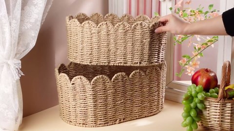 2 Pcs Scalloped Basket Set Hand-woven Baskets with Scalloped Design, 16 x 10 x 7 Inch & 14 x 8 x 6 Inch for Living Room Bedroom Laundry Nursey Storage