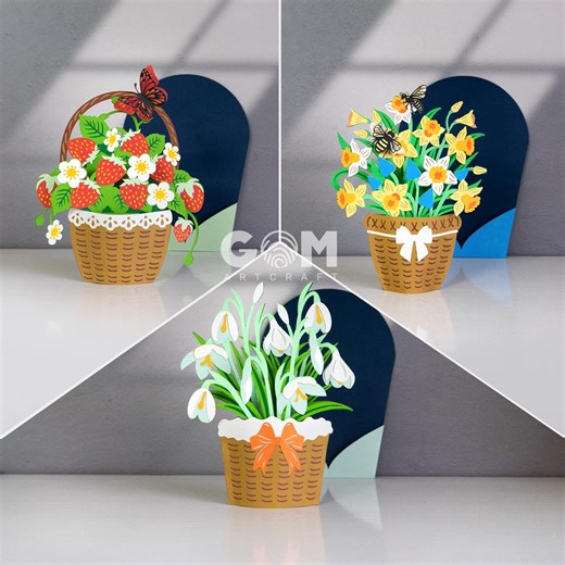 Set 3 Flower Pop-up Card Template, Daffodils Card SVG, Snowdrop Flower Card, Strawberry Card 3D, Spring Pop-up Card - Etsy