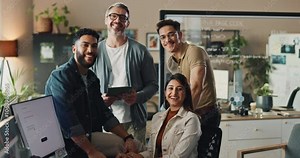 Business, people and team with smile in meeting for planning user interface system or code review for website development. Web developer, portrait or digital app for webpage maintenance and laughing