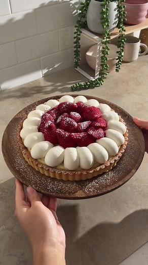 strawberry custard tart 🍓 she’s made with a shortcrust tart shell, silky custard filling, and topped with whipped cream and fresh strawberries. a simple combination but so so delicious 🥲 recipe linked in my bio as usual! #strawberrytart #custardtart #baking #bakinginspo #desserts