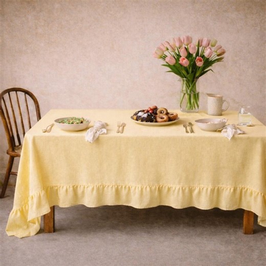 Yellow Pastel Ruffle Linen Tablecloth, Rustic Farmhouse Table Cover, Elegant Dining Table Cloth, Wedding Table Decor, Gathered Ruffle Edge - Etsy