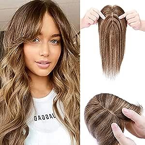 Clip in Hair Toppers with Bangs Human Hair Crown Hairpieces for Women Straight Hair Topper Extensions for Hair Loss Thin Hair Cover Gray Hair 10 Inch Medium Brown&Dark Blonde #4P27