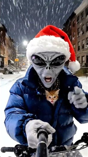 Mit Schneemobil unterwegs 😂 | #alien #katze #schnee #newyork #weihnachten #christmas #ai #shorts