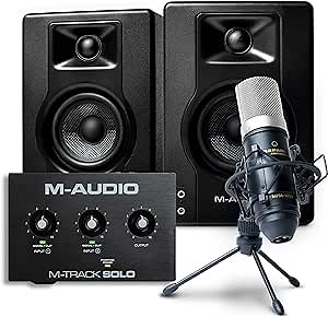 M-Audio Recording, Streaming and Podcasting Bundle – M-Track Solo USB Audio Interface, BX3 Stereo Speakers and Marantz MPM-1000 Condenser Microphone
