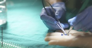 4K Real Time - Practice of a surgery using the laparoscopy technique - details of needles, gloves, microscope...