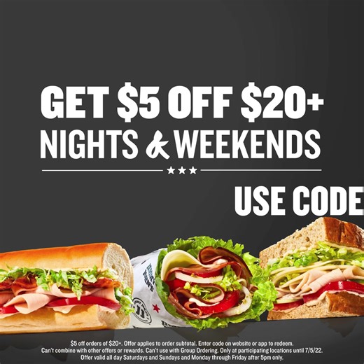 Weekend plans, solved. Grab a sammie for the whole family and use code 5OFF20 to save.​ 🥪 👉 http://bit.ly/fbOrderOnline | Jimmy John's