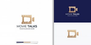 Download movie talk logo, cinema forum icon, video production combine with bubble speech logo concept for free