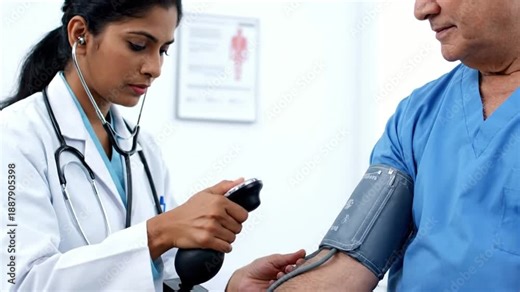 Indian female doctor using sphygmomanometer to check blood pressure of senior patient