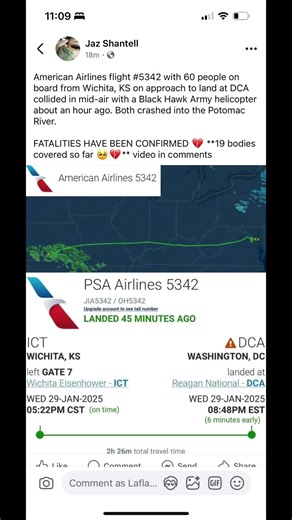 American Airlines flight #5342 with 60 people on board from Wichita, KS on approach to land at DCA collided in mid-air with a Black Hawk Army helicopter about an hour ago. Both crashed into the Potomac River. #planecrash