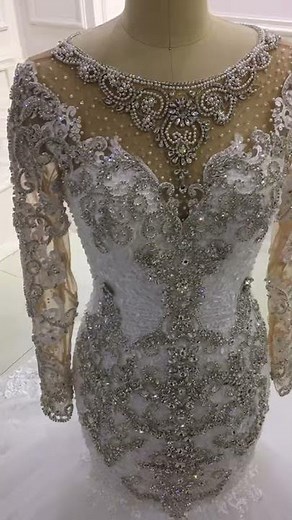 Amazing Long sleeve mermaid heavy stone wedding dress 2020 Shiny gets a dream and luxury wedding