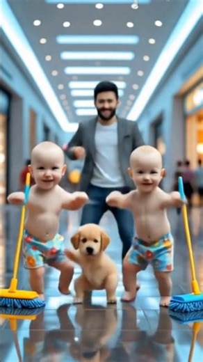 Twin Babies with Puppy Mopping Mall Floor 🐶👶 | Cutest Moments Ever!