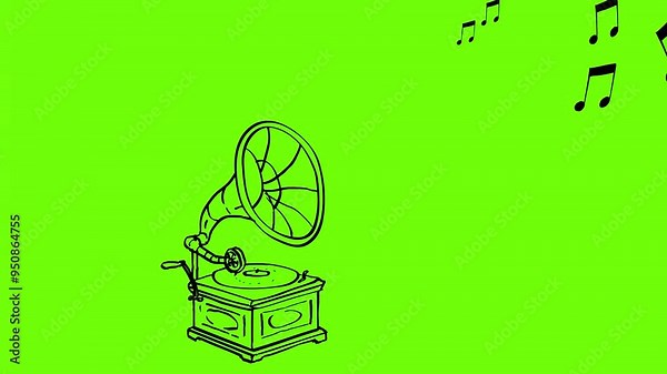 2d Animation line drawing of a gramophone or phonograph playing sound musical notes on white, black and green screen in 4k ultra-high-definition.
