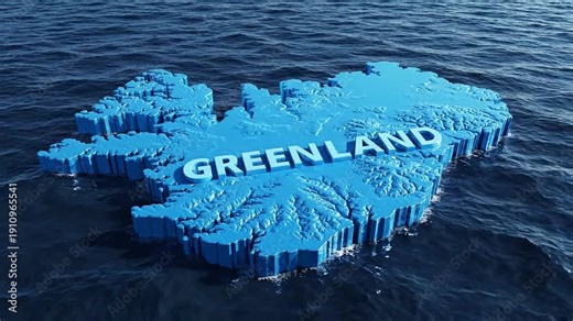 Greenland map animation featuring large 3D letters over a blue island shape in the middle of a dark blue ocean for travel and business