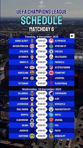 UCL Matchday 6 Schedule #ucl #uefachampionsleague #championsleague