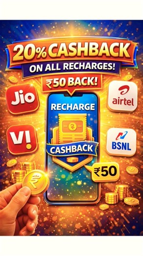 Offers 20% cashback on recharges for major telecom operators including Jio, Airtel, Vi, and BSNL