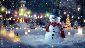 christmas decoration with snowman and christmas light. seamless looping time-lapse virtual 4k video animation background.