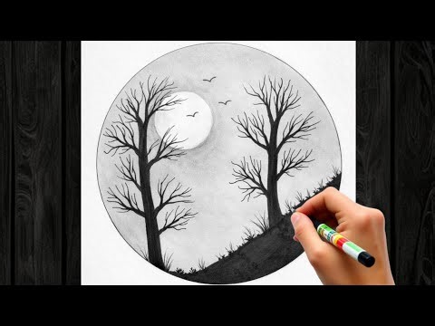 Drawing of Nature | Easy Nature Drawing | Moon Scene Nature Scenery step by Step | Circle Drawing