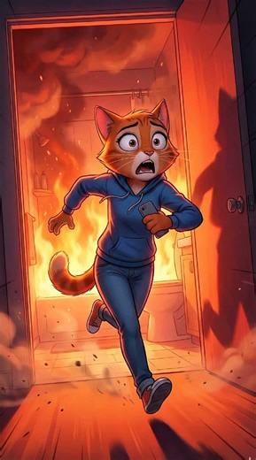 She checked her phone… and forgot the fire 😱🔥🐱