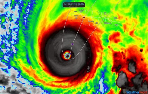 I’m honestly at a loss for words right now. Category 5 #Melissa keeps drifting farther west - the eye is now nearly outside the National Hurricane Center’s forecast cone, which was issued only 1 hour ago... This storm is defying every environmental factor trying to pull it north. It’s baffling. It’s also getting stronger, which is wild considering it’s already pushing the limits of physics for how intense a hurricane can get. It may even be overpowering the trough that’s trying to steer it north