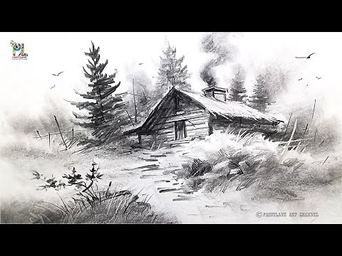 How to draw Peaceful Cabin in the Woods | Pencil Sketch Drawing | Landscape Art