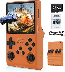 FVBADE[30000 in 1] R40S PRO Handheld Game Console 3.5 inch IPS Screen Mini Retro Console 3800mAh Portable Pocket Arcade 45+ Mainstream Emulator 256G TF Card Transparent.(Orange)
