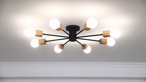 Semi Flush Mount Ceiling Light Fixture 8-Lights Rustic Wooden Sputnik Chandelier Farmhouse Ceiling Lighting Oak and Black with E26 for Dining Room Bedroom Kitchen Lighting Fixture
