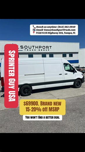 🚐💨 Drive your dream! Sprinter Guy USA delivers brand new Sprinter vans at $69,900, saving you 15–20% off MSRP! 🎉✨ Don’t wait—upgrade your adventure today! 📱 Follow: @SprinterGuyUSA 📞 Reach us anytime: (813) 262-0919 📬 Email: Vans@SouthportTruck.com 📍 7528 N US Highway 301, Tampa, FL 33637 #SprinterVanLife #VanLifeUSA #MercedesSprinter #VanLifeAdventure #limousine
