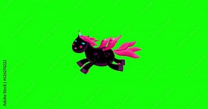 Cartoon isolated black unicorn flying character green screen. Sweet fantastic pet animal. Good for any movie, presentation, etc... Funny sweet and cute children animation seamless loop.