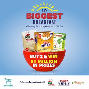 Stand a chance to win your share of R1 million in prizes. Buy ANY 2x participating Weet-Bix, Futurelife or White Star Instant Porridge products and WhatsApp your till slip to 072 904 2524. ​ Valid until 30 November 2024. Ts&Cs apply. | Checkers