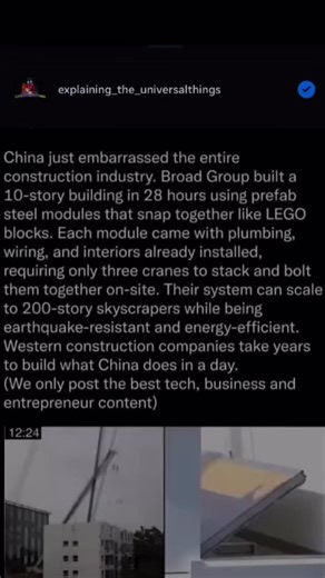Explaining_the_universalthings on Instagram: "China’s Broad Group has revolutionized the construction industry by building a 10-story building in just 28 hours using prefab steel modules that are easily assembled like LEGO blocks. Each module is delivered with pre-installed plumbing, wiring, and interiors, requiring only three cranes for assembly. This innovative system is capable of constructing skyscrapers of up to 200 stories while being energy-efficient and resistant to earthquakes, starkly 