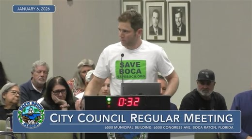 Boca Raton City Council Meeting January 6th 2026 Jon Pearlman "My name is Jon Perlman. I’m the founder of Save Boca, and I want to thank the hundreds of Boca Raton residents who, over the past few days, have emailed City Council with a very clear message: **do not approve Ordinance 5769 or sign any contract with Boca Raton City Center, LLC before the referendum vote on March 10th.** Here’s why those emails matter. In a prior version of this agreement, the City Attorney had drafted a clear and ap