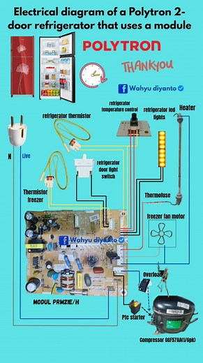 Simple electrical diagram of a 2-door Polytron refrigerator using a control module #reels | Wahyu Diyanto