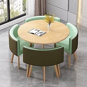 Stylish Round Dining Table Set with 4 Chairs - Perfect for Kitchen Breakfast Bar, Office Reception, Cafe, Balcony, or Living Room - Durable Cotton Linen Upholstery,Compact and Space-Saving Design H1