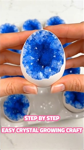 Materials Eggshells 6–12 clean eggshell halves Egg carton or small tray to hold them upright Crystal Solution Borax (laundry booster) Very hot water (near boiling) Blue food coloring or liquid watercolor Optional: a tiny drop of purple food coloring to deepen the blue Tools Heat-safe measuring cup or bowl Spoon Teaspoon Paper towels Step 1 – Prepare the Eggshells Crack eggs carefully across the middle so you get bowl-shaped halves. Rinse out the shells. Peel out the thin inner membrane completel