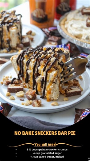 No ❤️ Bake Snickers Bar Pie Ingredients : Crust 1 ½ cups graham cracker crumbs, about 12 whole crackers ¼ cup granulated sugar ½ cup salted butter, melted Snickers Filling 8 ounces cream cheese, softened ½ cup crunchy peanut butter ..... Full Recipe in Coʍmеոτ 💬 😝 | Tasty Recipes