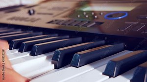 Musical keyboard close-up. Modern recording studio. Concert hall. Performance of musicians at the festival of modern music. The pianist is learning a solo part. Inspiration and creative muse. Stock Video