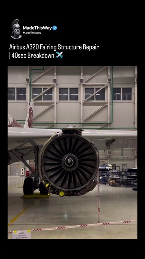 The post features a 40-second video showing an Airbus A320 fairing structure repair carried out by a structural repair team. Damaged sections are carefully inspected, reinforced, and restored using precise aerospace repair techniques to ensure structural integrity and flight safety. Originally shared by @aidar17r, the video has drawn attention for its rare behind-the-scenes look at aircraft maintenance and the high level of expertise involved in aviation structural repairs. #aviation #maintenanc