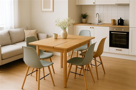 Ce type de table extensible en bois offre un vrai gain de place et accueille jusqu’à 18 convives dans une petite salle à manger