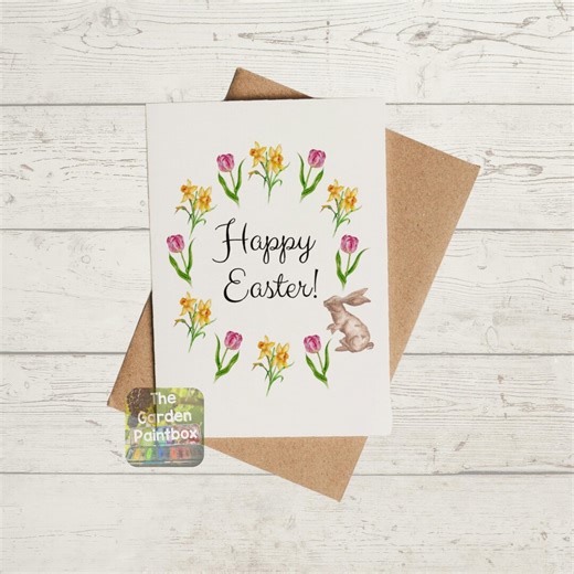 Bunny and Spring Flowers Easter Card: Watercolour Print, With Option to Personalise, Eco-friendly - Etsy