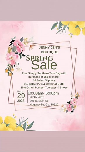 Spring has sprung! Join us at Jenny Jens in Hogansville for our Spring Fling tomorrow, Saturday 3/29, from 10am-6pm. As a special treat, spend $50 or more and receive a complimentary Simply Southern Tote Bag! We've also got select slippers for $5, PJ's and bowknot outfits for $10, and a whopping 25% off all purses, wallets, tote bags and shoes! | Jenny Jen’s