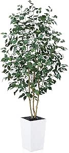 6ft Artificial Ficus Tree-Tall Faux Tree with Pebbles & Planter UV Resistant Potted Fake Plant with Silk Leaves & Real Wood Trunk-Indoor Outdoor Floor Plant for Home,Living Room,VN129