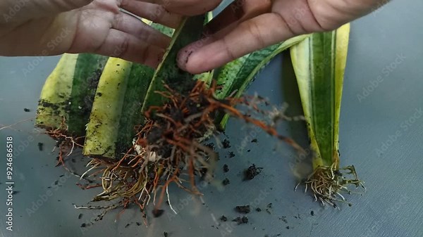 Sansevieria or snake plant propagation with new pups growing with roots. Hands activity in the garden of propagating sansevieria. Stock Video