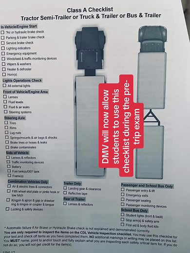 The DMV will allow this checklist to be used during your pre-trip inspection. As I get more familiar with the July 10th testing changes….I will share any helpful information. #cdlschool #instructor #semitruck #cdldriver #truckersoftiktok #cdltest #truckersoftiktok #fyp #fypシ #18wheeler #truckdriver #sanbernardino #truckinglife #trucker #viral #losangeles #fontana