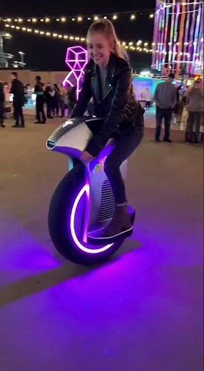 🌃 Tesla One Wheel Motorcycle at Night Tech Expo! Purple LED Lights! 💜⚡